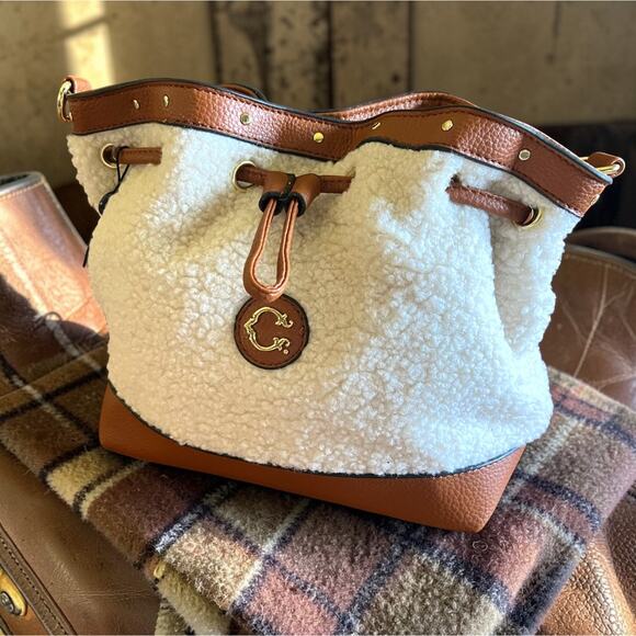 C. Wonder Handbags - C Wonder Charlotte Sherpa Convertible Backpack Purse Bucket Bag Cognac Brown